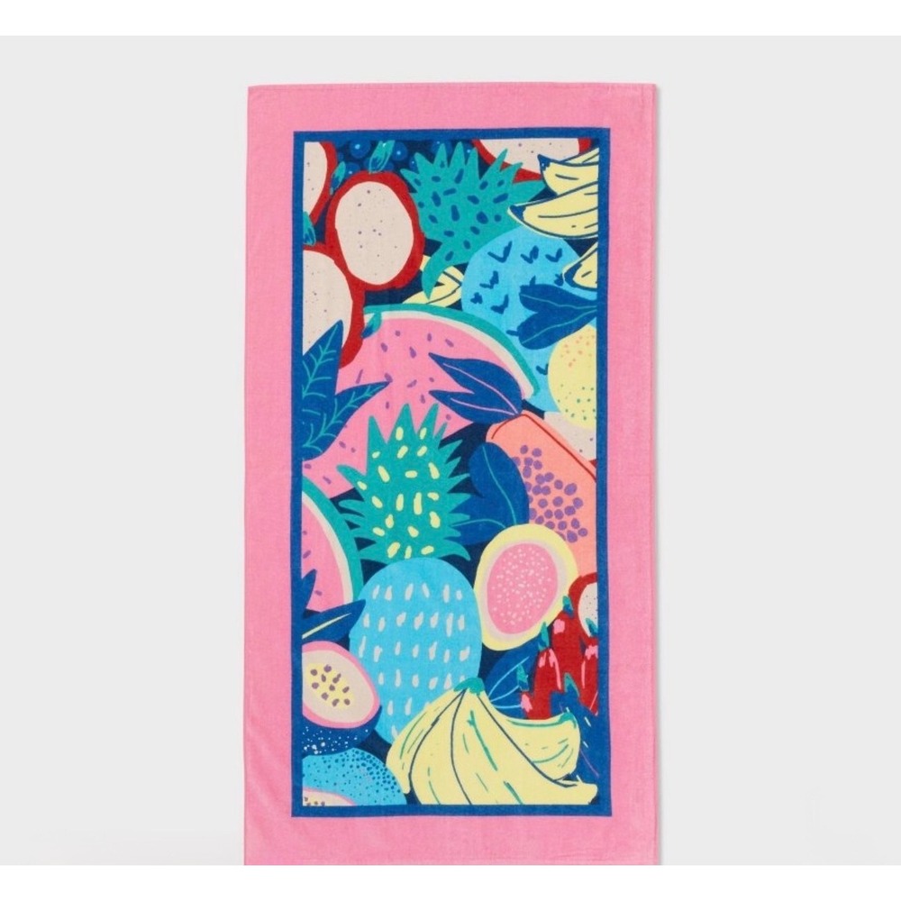 Sun‎ Squad Tropical Fruit Beach Towel Pink Blue Cotton 32x62 NEW